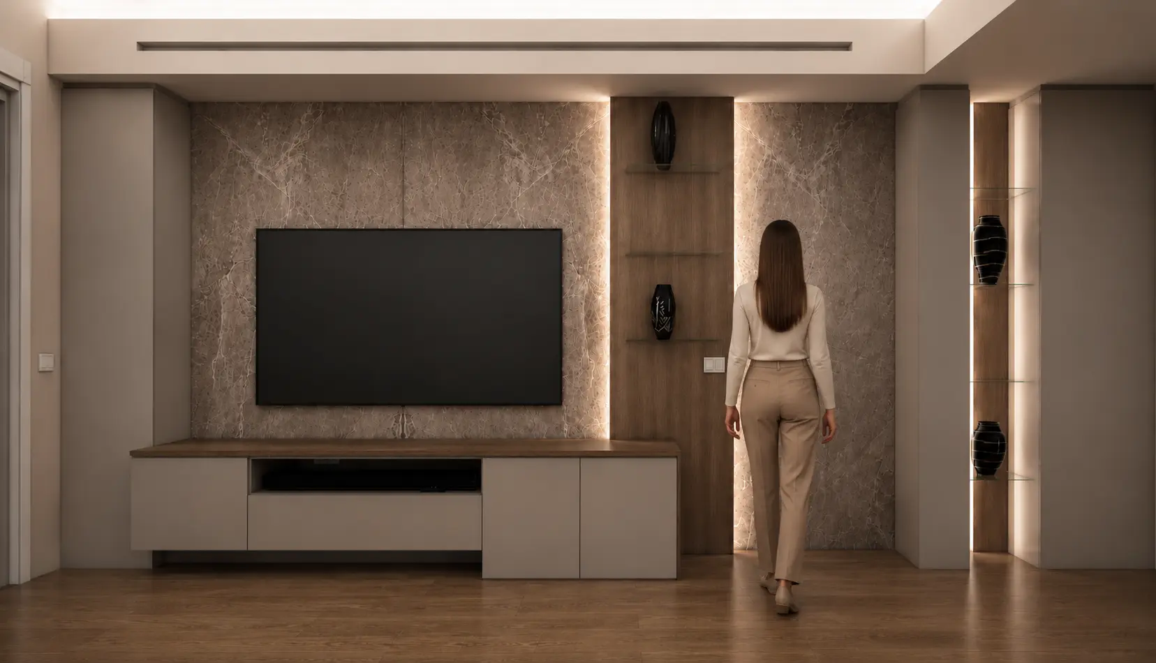 Parete multifunzione con porta integrata chiusa e invisibile